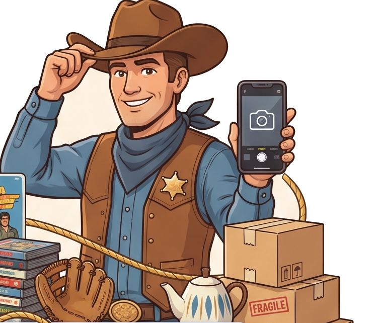 A cowboy tipping his hat, holding a phone camera over a pile of collectibles ready to list